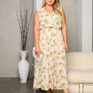 NWT Plus Size Tropical Leaf Print Maxi Dress 2XL Sleeveless Vacation Sundress